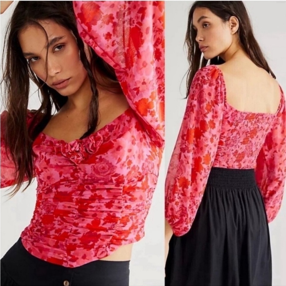 Free People Oh Lala Floral Sheer Long Sleeve Blouse Pink Red Romantic XS